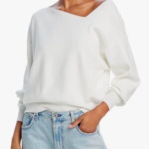 Line & Dot Off-the-Shoulder White V-Neck Sweater